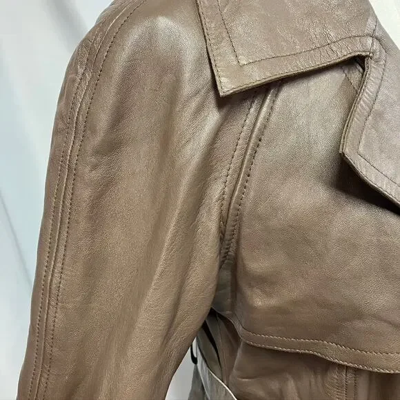 Bebe‎ Leather Brown Belted Trench Coat Womens Medium 70's Spring Steampunk